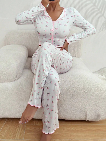 Y2K Nette Floral Gerippte Pyjama Set Frauen Langarm V-ausschnitt Zwei Stück Nachtwäsche Homewear Herbst Winter Bogen Salat Trim Neue Heiße.