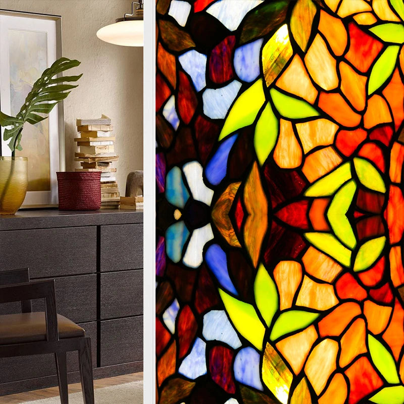 Colorful Retro Flower Bird Window Film PVC Electrostatic Glass Stickers Stained Window Films Static Cling Frosted Glass Film.