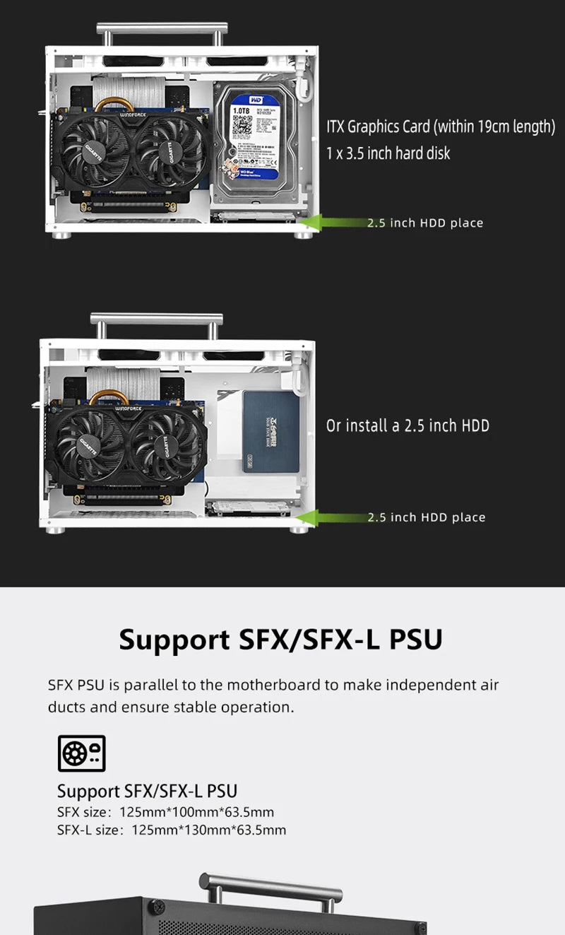 METALFISH T60 Mini ITX White Case 9L With Acrylic Or Mesh Side Panel and Portable Handle Support SFX PSU/300mm GPU/2*120mm Fan.