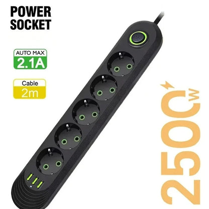 EU-Stecker, 2500 W, Steckdosenleiste mit 3 USB-Anschlüssen, Verlängerungskabel, Steckdose, Verlängerungskabel, runder Stift, AC-Steckdose, elektrischer Ladeadapter