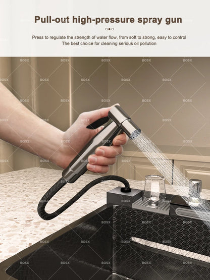 Küchenspüle, Wasserfall-Waschbecken aus Edelstahl, extra großer Einzelschlitz mit Digitalanzeige, Wasserhahn-Set für die Küche