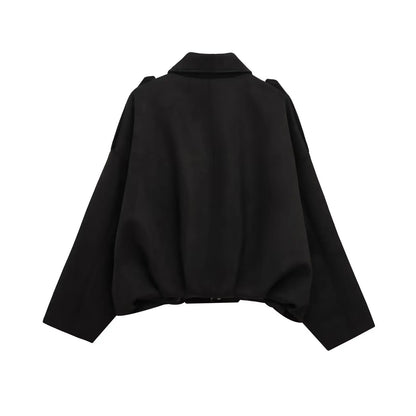 TRAFZA Damen-Jacke mit Wildleder-Textur, High Street, lange Ärmel, Umlegekragen, elastischer Reißverschluss, Knopfleiste, solider, trendiger Frühlingsmantel