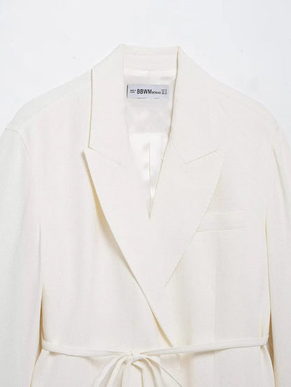 HH Women's Suits White Turn-Down Collar Long Sleeves Lace-Up Blazers+High Waist Zipper Long Pants Female Spring Fashion Sets.