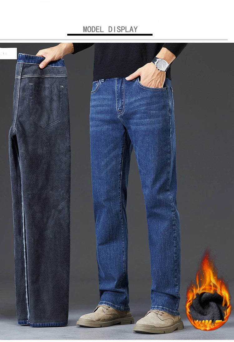 Tall Men Denim Pants Fleece Thick Warm Winter Stretch Jean Male Extra Long Length Leg Trouser 115cm 190cm Black Skinny Thin Slim.