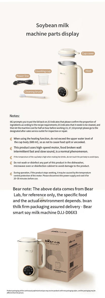 Bear 600ml Soy Milk Machine Maker Soybean Blenders For Kitchen Juicer Food Processors Nut Vegan Low Noise 220V Wall Breaking.