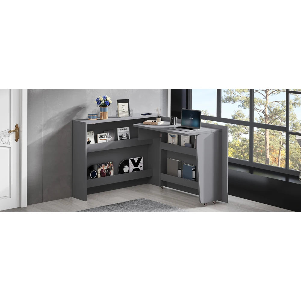 Klappbarer Schreibtisch mit Rollen und kabellosem Ladegerät – 2-in-1-Sideboard und Arbeitsplatz, mit Regal und Kippschutz, Rollen mit Bremstisch
