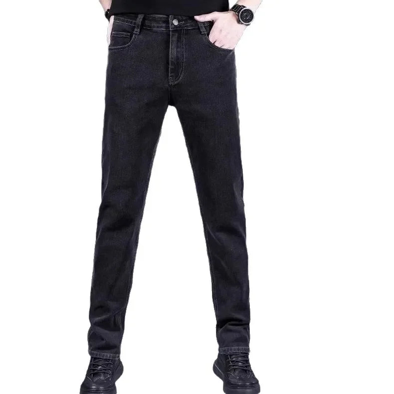 High-End Men's Fleece-Lined Thick Stretchy Straight Leg Jeans 2025 New Style Loose Fit Smoke Grey Trousers for Men.