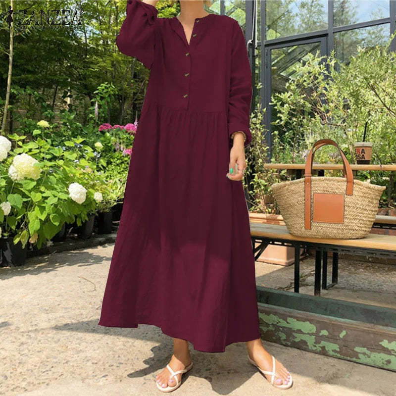 Women's Elegant Solid Cotton Robe Femme 2022 Spring Autumn Bohemian Maxi Dress ZANZEA Casual Long Sleeve Shirt Dresses Oversized.
