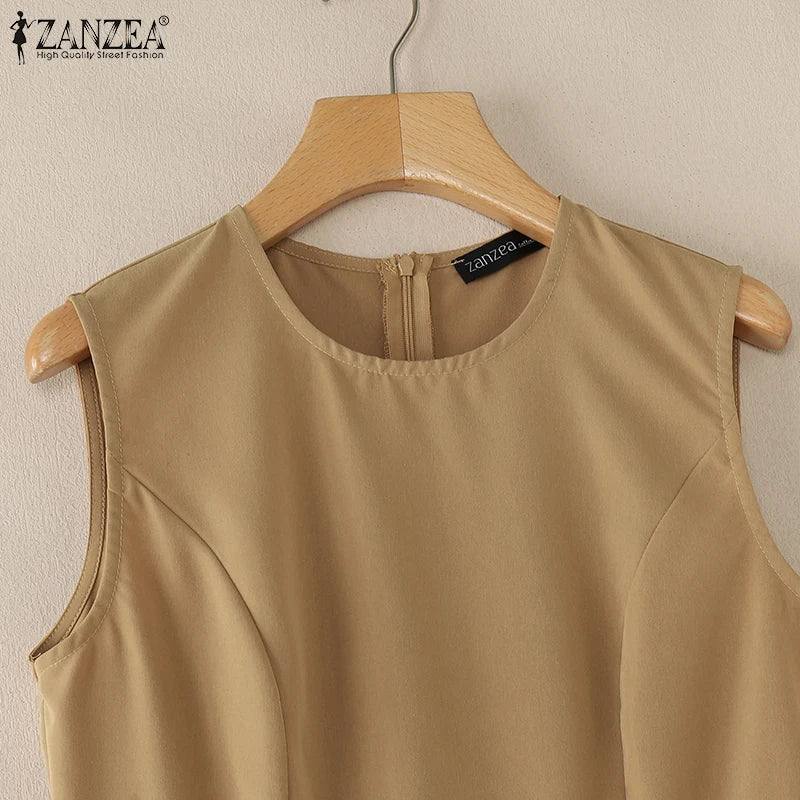 ZANZEA Elegante Frauen Plissee Midi Kleider Ausgestattet Taille Ärmel Solide Party Vestidos 2025, Sommer O Neck Pendeln Roben Femme