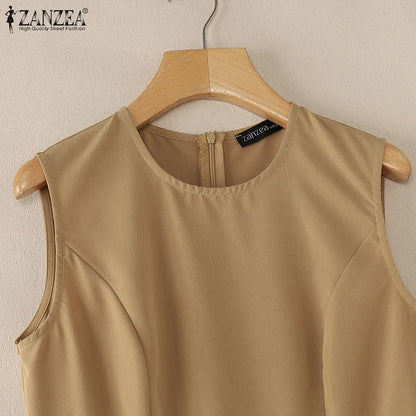 ZANZEA Elegante Frauen Plissee Midi Kleider Ausgestattet Taille Ärmel Solide Party Vestidos 2025, Sommer O Neck Pendeln Roben Femme