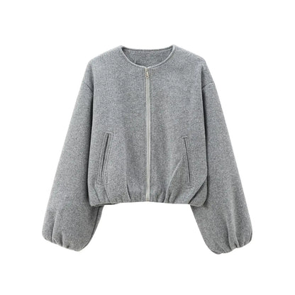 Damen Mode Herbst Winter Jacke Frauen Retro Rundhals Langarm Elastische Saum Zipper Weiche Bomber Jacke Frauen Mantel Weibliche