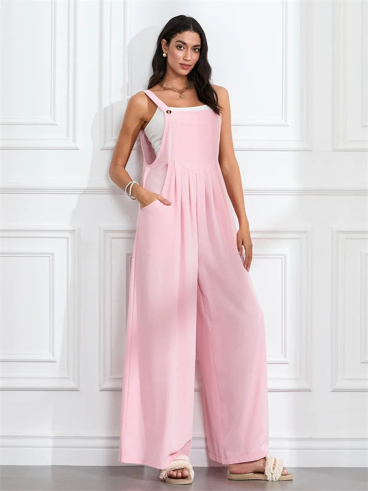 Women Fashion Jumpsuits Sleeveless Buttons Suspender Wide Leg Pant Overalls with Pockets Casual Loose Romper Streetwear.