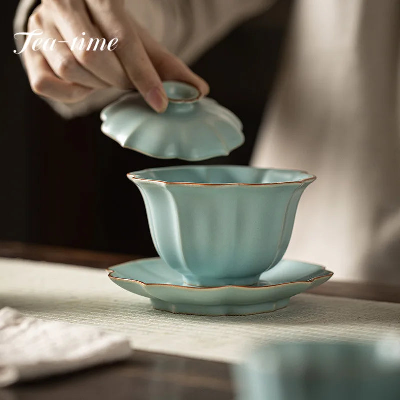 155ml Imitation Song Dynasty Azure Ru Kiln Gaiwan Porcelain Bowl Tea Bowl Tea Tureen Tea Brewing Cover Bowl Chinese Tea Set Gift.