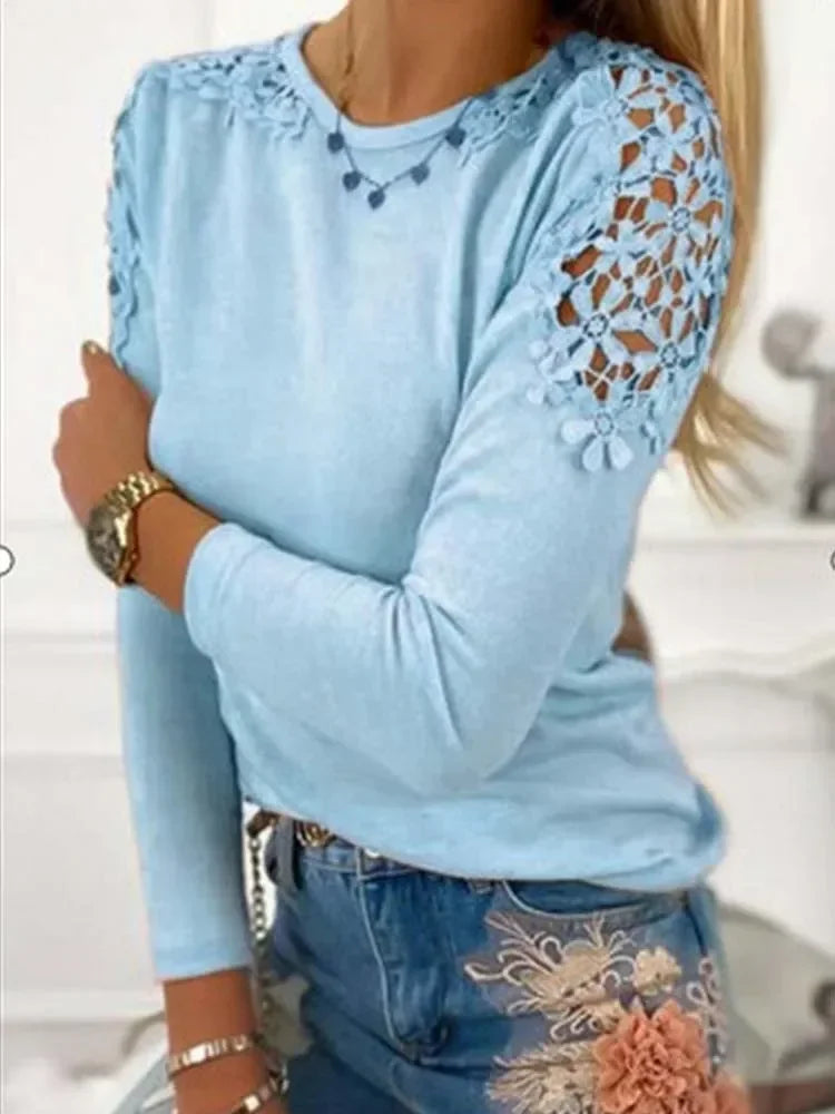 Women Autumn Solid T Shirt Lace O Neck Long Sleeve Female Casual Loose Plus Size Blouse Tops 3Xl.