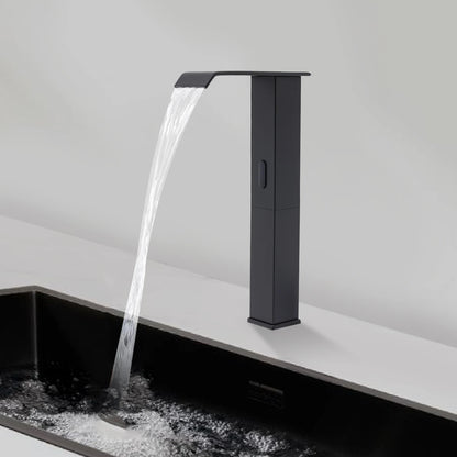 Touchless Sensor Faucet with Waterfall Spout, Adjustable Temperature Valve, Black Finish, Ideal for Kitchen and Bathroom Use