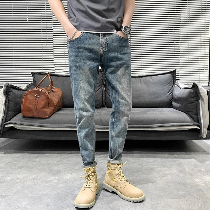 Y2k  Men Fashion Stylish Brand Denim Pants High Quality Designer Slim Fit All-match Trousers Casual Stretch Pencil Cropped Jeans.