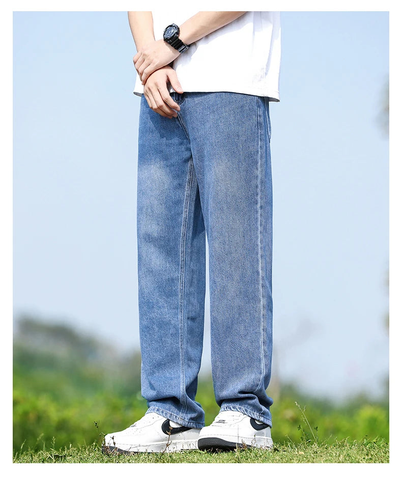Mens Minimalist Loose Straight Wide Leg Denim Jeans 2025 Autumn Winter Retro Drape Comfortable Casual Pants Plus Size 38.
