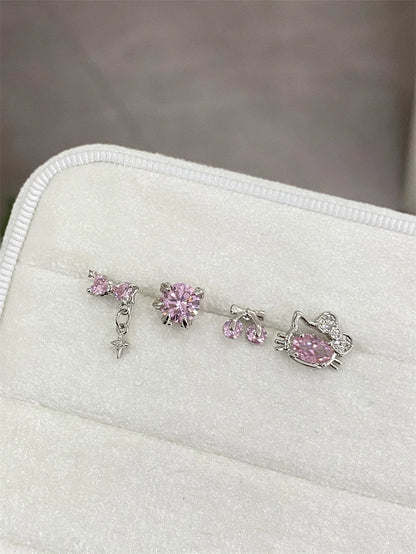 Cute Pink Zircon Cat Stainless Steel Ear Bone Nail Water Droplet Pendant Small Earrings for Women Cochlear Puncture Accessory.