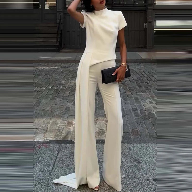 Simple Solid High Waist Straight Suit Office Elegant Party Outfit Women's Stand Collar Short Sleeved Top and Pants Two Piece Set.