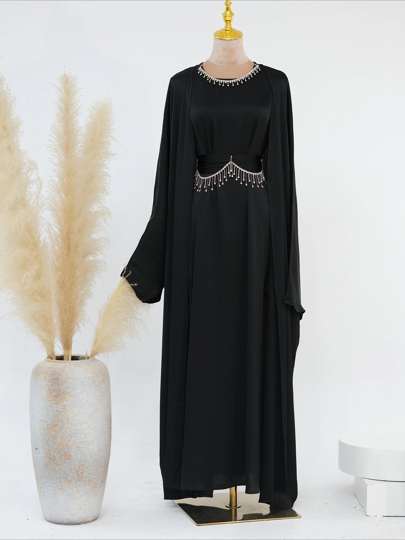 Ramadan Muslim Women 2 Piece Set with Chain Party Dresses Abaya Eid Jalabiya Sashes Diamond Morocco Dubai Kaftan Cardigan Robe