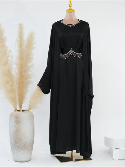 Ramadan Muslim Women 2 Piece Set with Chain Party Dresses Abaya Eid Jalabiya Sashes Diamond Morocco Dubai Kaftan Cardigan Robe
