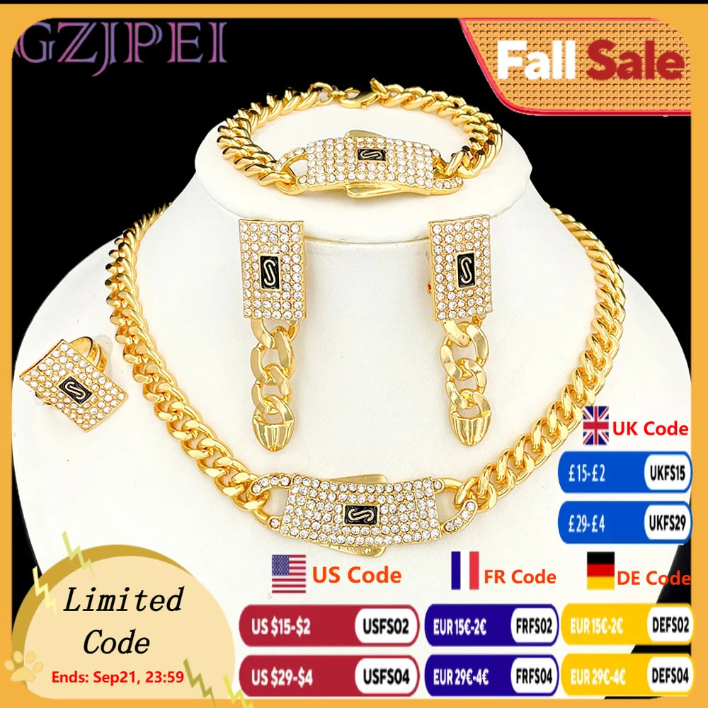 GZJPEI Monaco Chain 18K Gold Plated Cuban Chain Jewelry Set High Quality Necklace Bracelet 2025 New For Bridal Wedding Gift.
