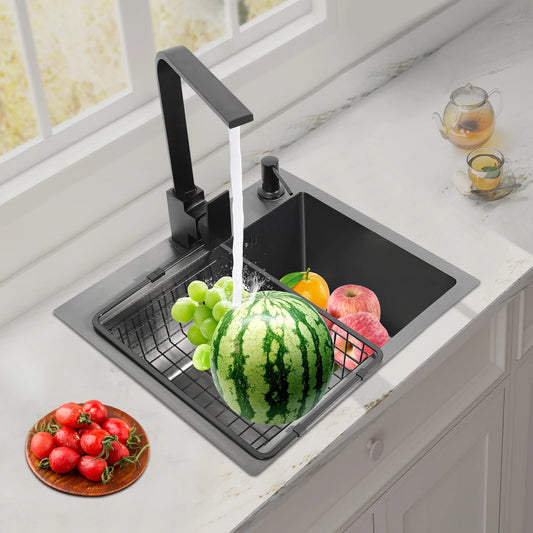 Schwarzes Küchenspülbecken-Set, Spüle aus Edelstahl 30 mit großem Fassungsvermögen und drehbarem Wasserhahn, Keramik-Ventilkern, geruchsfestes Spülbecken