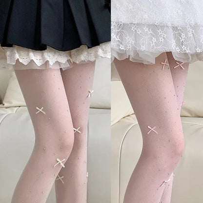 New Lolita Velvet Bowkont Embroidery Pearl Tights Pantyhose Flash Diamond Women Tight JK Style Sweet Girls Kawaii Cute Stockings.