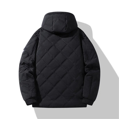 Winter Windproof Thermal Diamond-Pattern Fleece-Lined Thickened Cotton Coat Business Casual Hooded Jacket Fashionable Menswear.