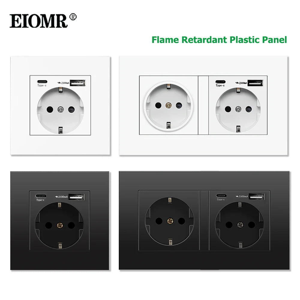 Eiomr eu standard steckdose, einfach und doppelt 220v 16a weiß schwarz pc panel eu steckdose, wand usb typ c stecker steckdose für zu hause.