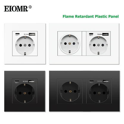 Eiomr eu standard steckdose, einfach und doppelt 220v 16a weiß schwarz pc panel eu steckdose, wand usb typ c stecker steckdose für zu hause.