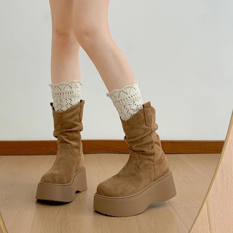 Chunky Platform Thick Sole Woman Ankle Boots Design Round Toe Slip On Shoes  2025 Autumn Winter Short Botas Para Mujer.