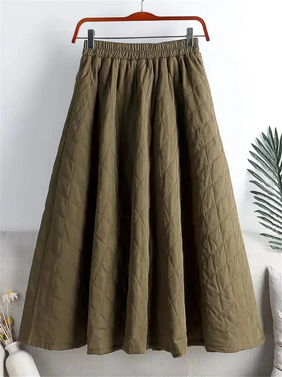 Autumn Winter Cotton Quilted Skirt Warm Womens A-line Faldas Vintage Thicken High Waist Saias Korean Fashion Knee-length Skirts.