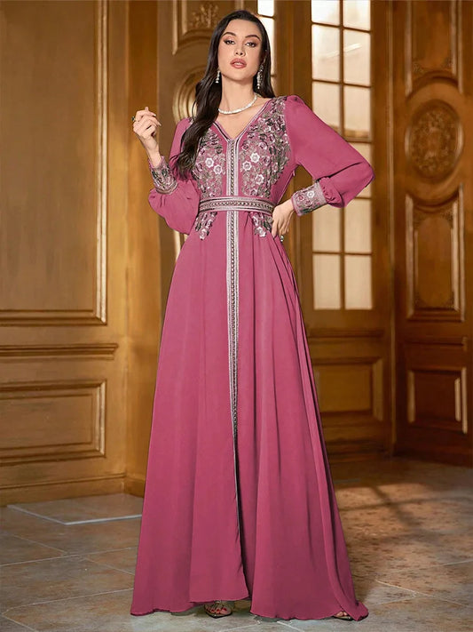 Eid Frauen Kleid Abaya Kaftan Muslimischen V-ausschnitt Stickerei Party Robe Jalabiya Ramadan Marokko Dubai Kaftan 2025, Vestidos Largos