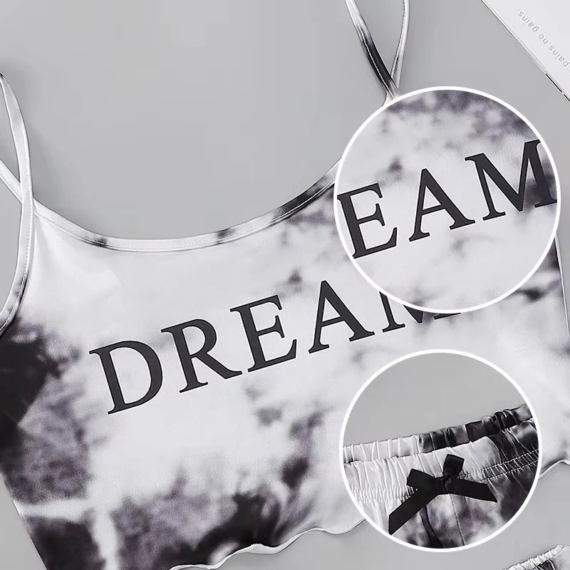 Y2K Tie Dye Dream Grafik-Pyjama-Set für Damen, Cami-Crop-Top und Shorts, zweiteilige Nachtwäsche, Loungewear, sexy Salatbesatz, neu und heiß