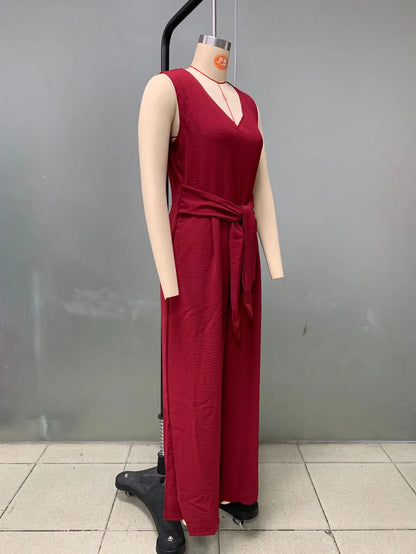 Summer High Waist Lace-up Jumpsuits Women 2025 New Sleeveless V-neck Side Pocket Solid Casual Jumpsuit Office Ladies Rompers.
