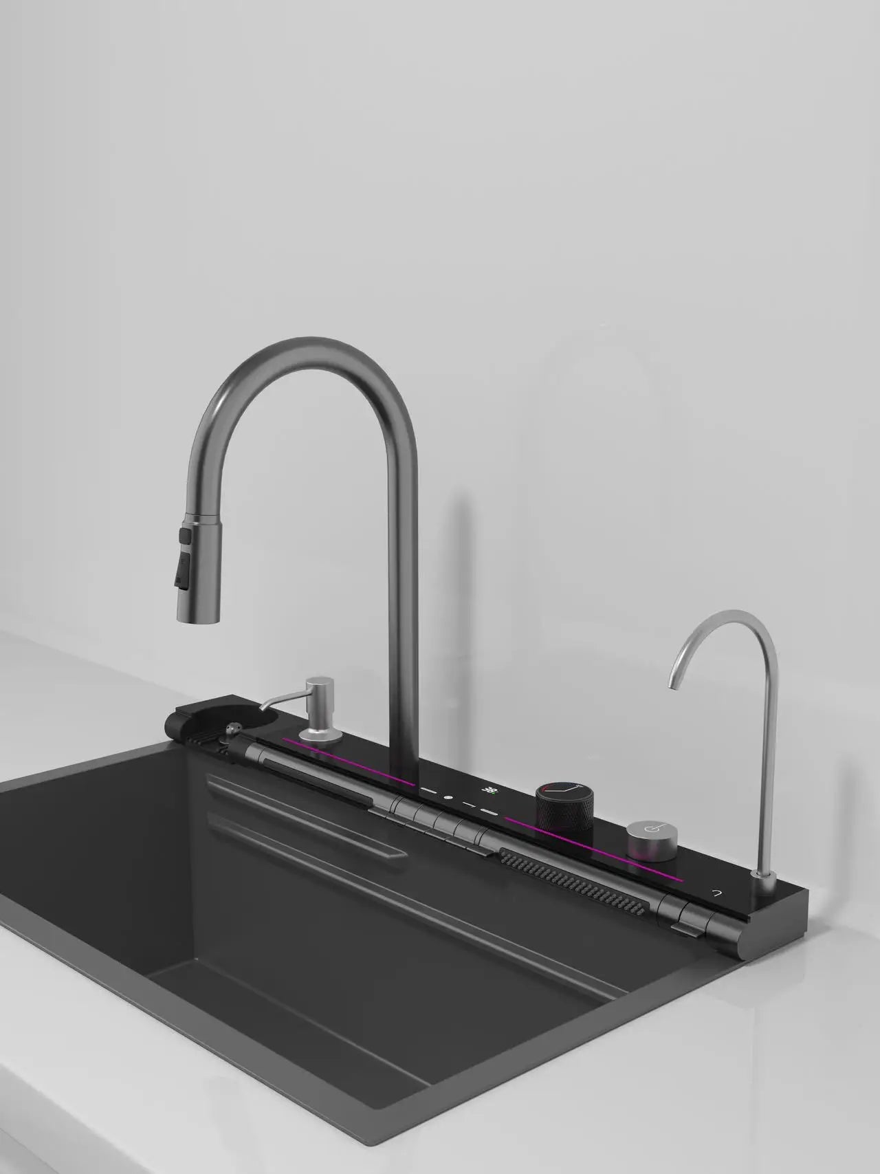 Stainless Steel Kitchen Waterfall Sink Embossed Digital Display Large Single Slot All-in-one Faucet Multi-functional Wash Bain