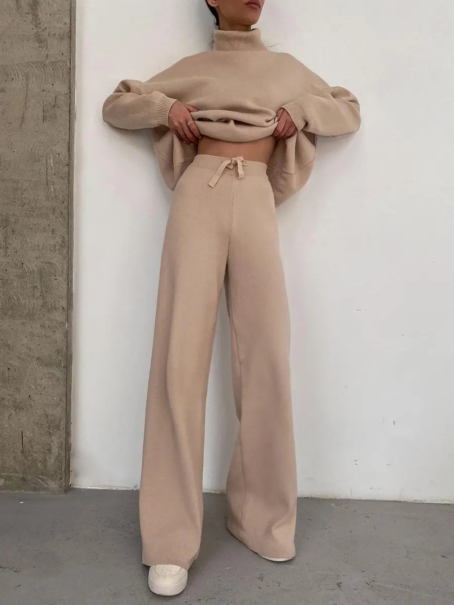 Women Tracksuit Two Pieces Set Long Sleeve Turtleneck Pullover Solid Color Hoodies Wide Leg Pants Drawstring Autumn Casual 2023.