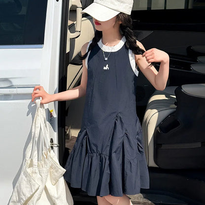 Neues Sommer-Mädchen-Prinzessinnenkleid für Kinder, ärmelloses Kleid mit Rüschen, Design-Kleider für Teenager, Kinder, lässiges Urlaubs-Strandkleid