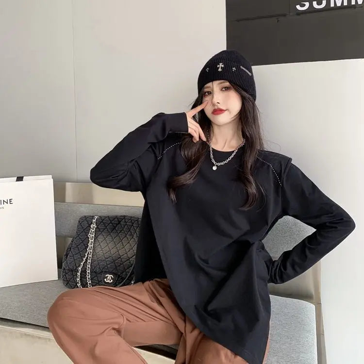 Long Sleeve Slit Hem Loose Lazy Style Tops Spring Autumn Solid Simplicity Street Casual T Shirts Fashion Korean Women Clothing.