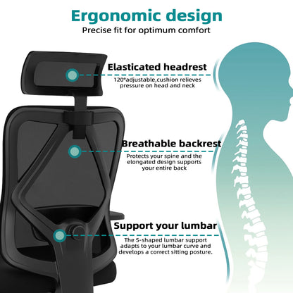 aiibottech Ergonomischer Bürostuhl, Netz-Schreibtischstuhl, verstellbare Lordosenstütze, drehbare neigbare Räder für Home-Office-Gaming