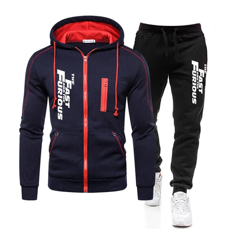 Autumn Winter Popular Mens Tracksuit Zipper Hooded Jacket+Running Pants 2 Piece Set Fast and Furious Print Casual Coat Clothing.