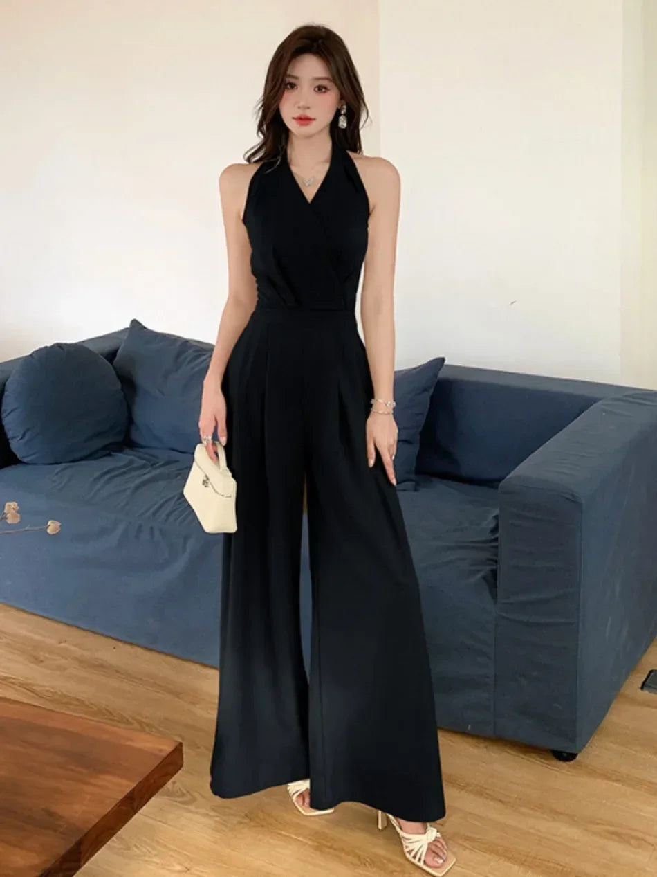 Women Clothes Elegant Sexy Halter Backless Folds Slim Wide Leg Loose Rompers Summer Solid Casual One Piece Long Jumpsuits.