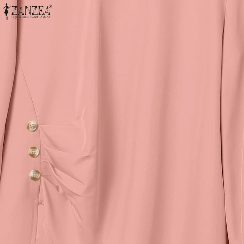 ZANZEA Muslim Women 2 Pieces Pant Sets Hijabis Casual Asymmetric Hem Long Sleeve Blouses & Pleated Pants 2pcs Suits Outfits