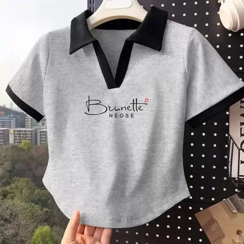 Color Block Polo Neck T-Shirt Women Short Sleeve Classic Lettering Slim Fit V-Neck Top Short Style Cotton Casual Summer New.