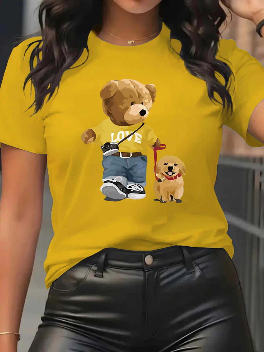Summer and Spring Women's Short sleeved Round Neck Casual Top T-shirt with Teddy Bear Pattern.