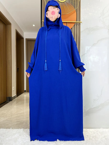 Muslim Abaya Solid Cotton Pullover Two Hat Women Eid Hooded Long Maxi Dress Turkey Kaftan Arab Robe Islamic Hijab Dubai Clothing