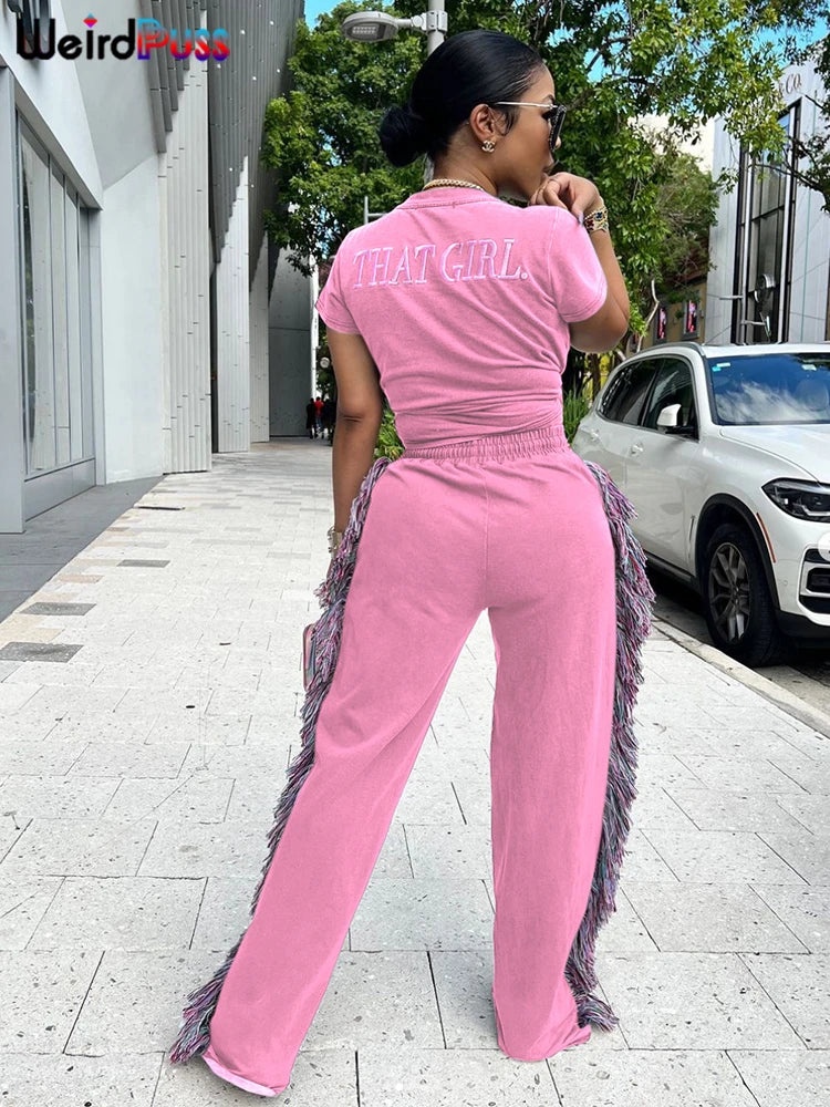 Weird Puss Casual Sporty 2 Piece Set Women Letter Embroidery Crop Tops+Side Tassel Straight Pants Matching Streetwear Tracksuits.