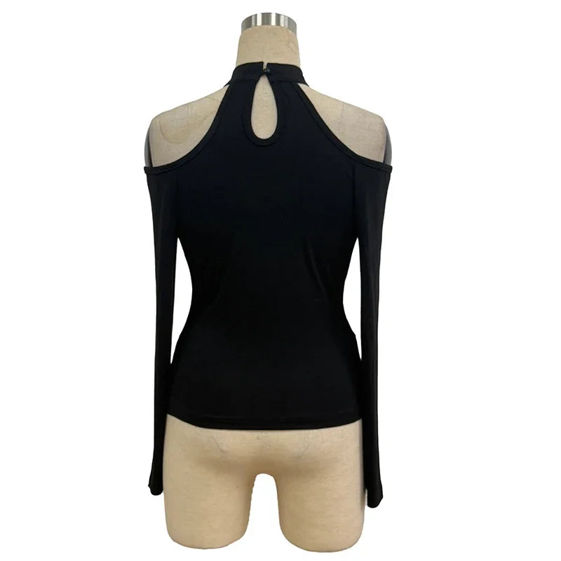 Fashion Women Blouses Sexy Cold Shoulder Skinny Top Elegant Long Sleeve Shirt Women Sexy Tops Female All Match Shirt Black.