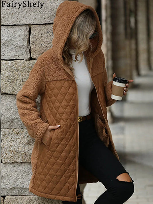 FairyShely 2025 Winter Solide Frauen Jacke Dicken Plüsch Mit Kapuze Warme Lange Hülse Langen Mantel Weiche Zipper Patchwork Strickjacke Dame Mantel